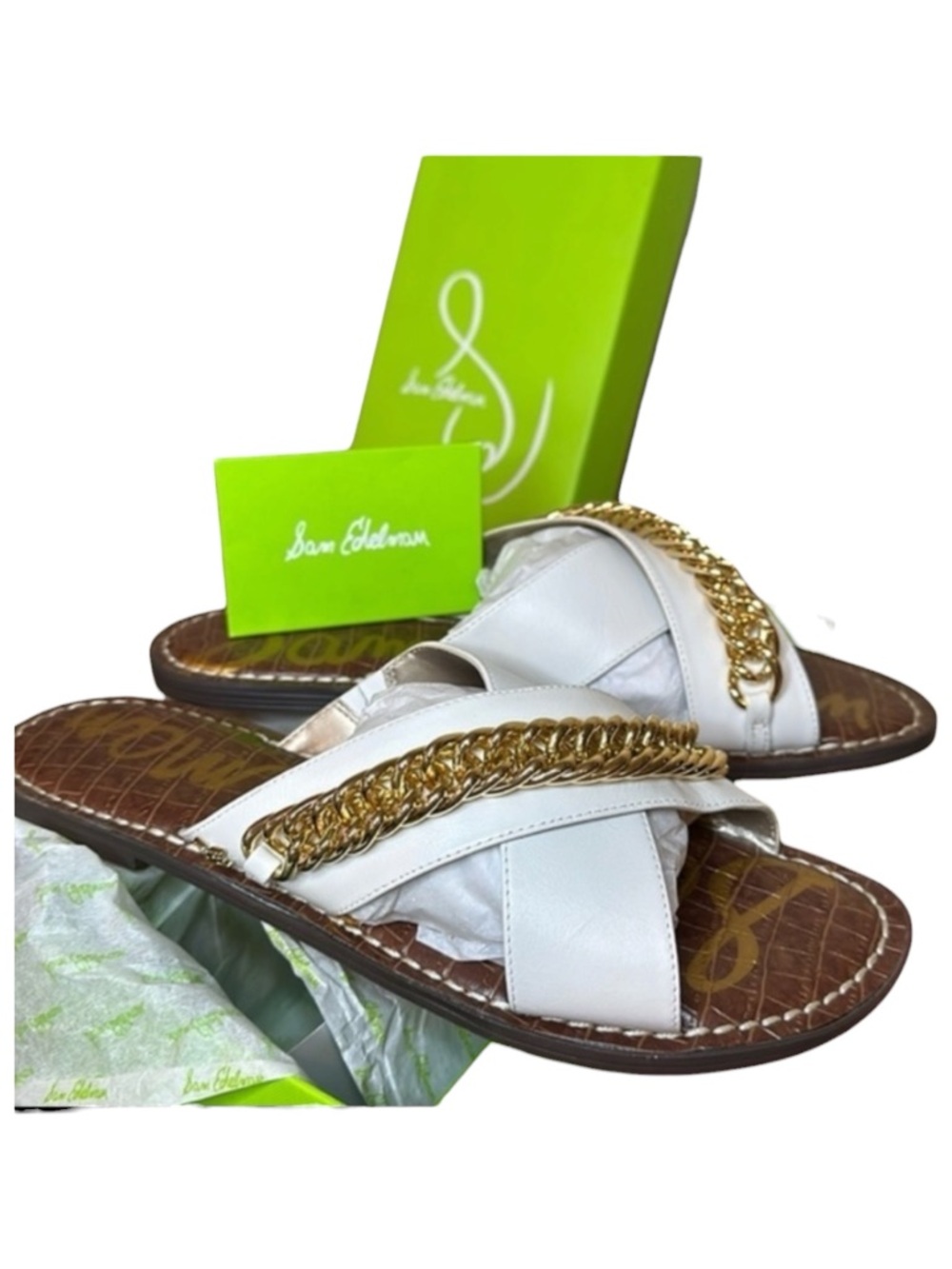 NEW Sam Edelman Leather white crisscross gold chain Sandals 10.5 New In Box